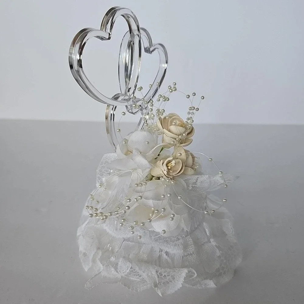 Vintage Wedding Cake Topper Double Heart Acrylic Lace‎ Faux Pearl Bridal Decor